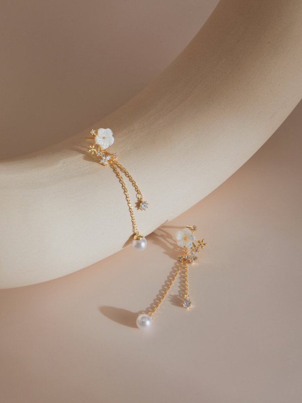 Gold Floral Pearl Drop Earrings Bridal 925 Silver Post - Picture 2 of 5